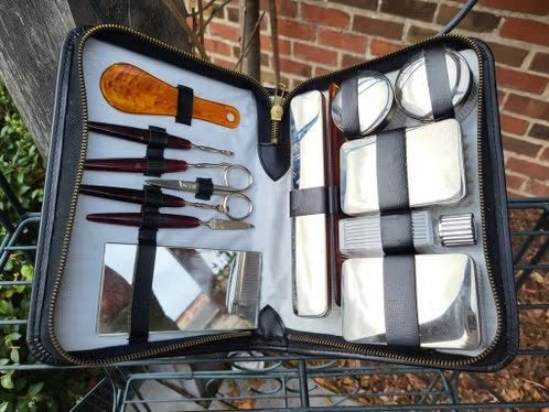Prachtige Vintage Leren Heren Toilettas / Grooming Kit, Handtassen en Accessoires, Ophalen, Zwart