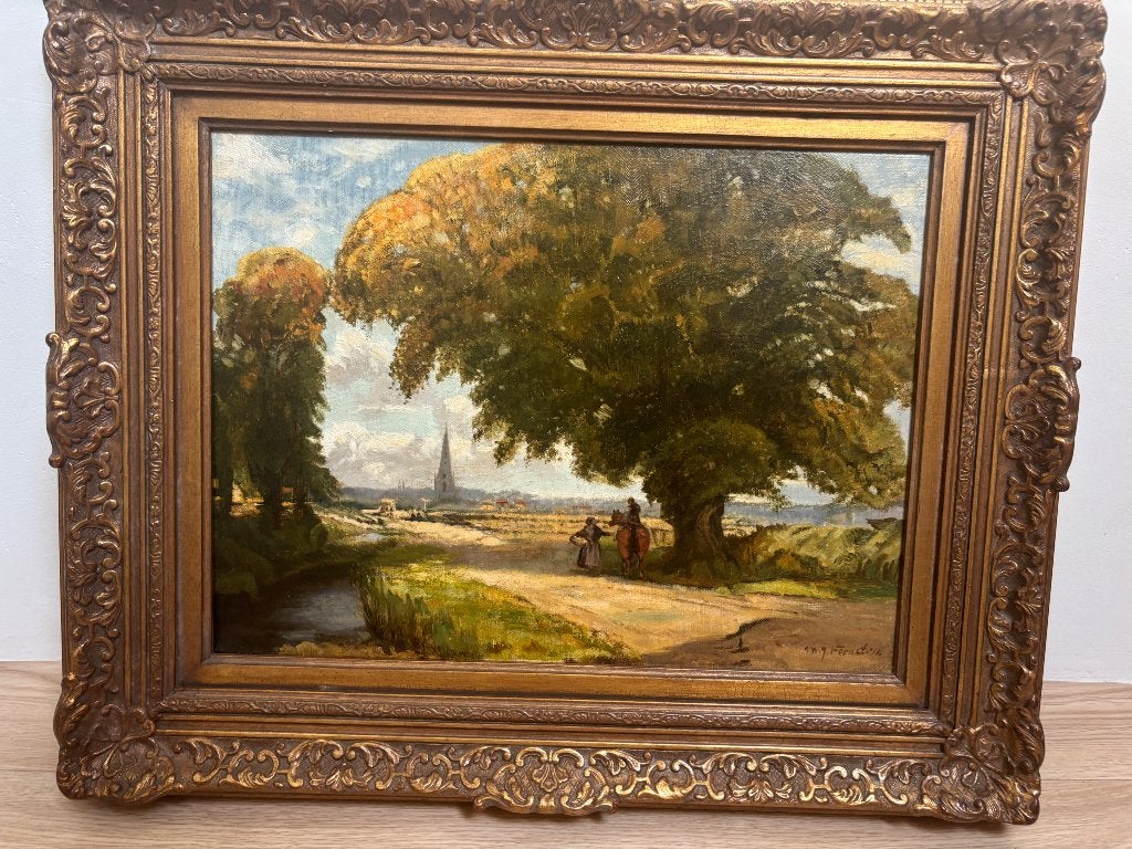 Romantisch schilderij 19de eeuw, Antiek en Kunst, Ophalen of Verzenden, Klassiek, Origineel werk, Landschap