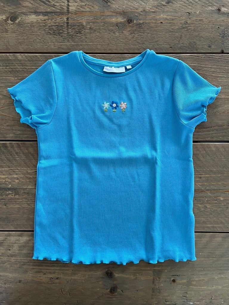 Bel&Bo 2x t-shirt konijntje en turquoise met bloempjes 134, Meisje, Ophalen of Verzenden, Zo goed als nieuw, Shirt of Longsleeve