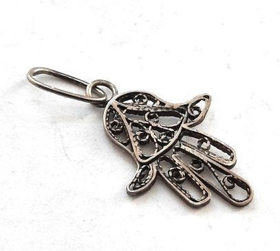 Hand van Fatima, klein vintage filigrain zilveren hanger, Antiek en Kunst, Ophalen