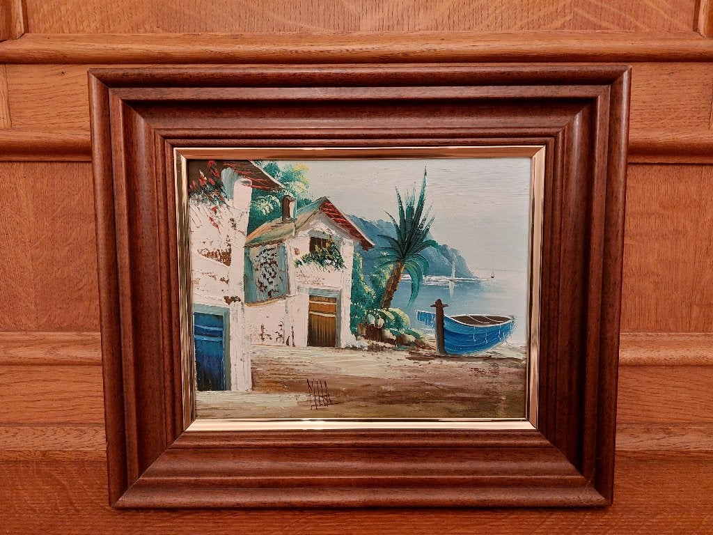 Schilderij mediterraan kustlandschap, Ophalen, Vintage, Ingelijst, Maritiem / water