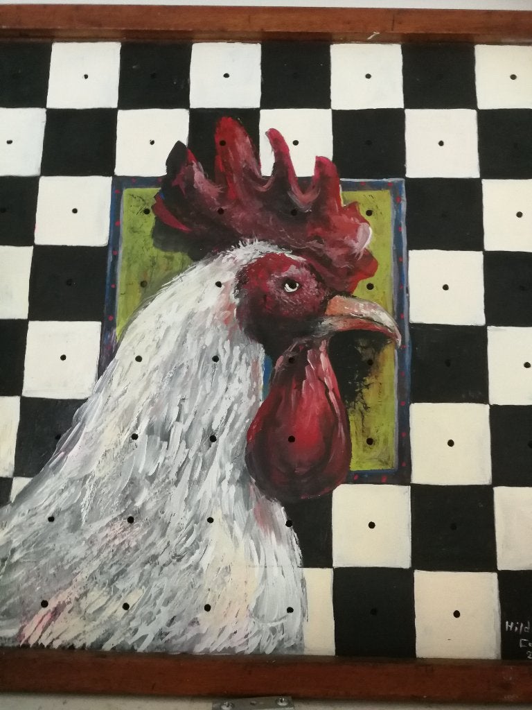 Schilderij olieverf op antiek schaakbord, Enlèvement, Peinture à l'huile