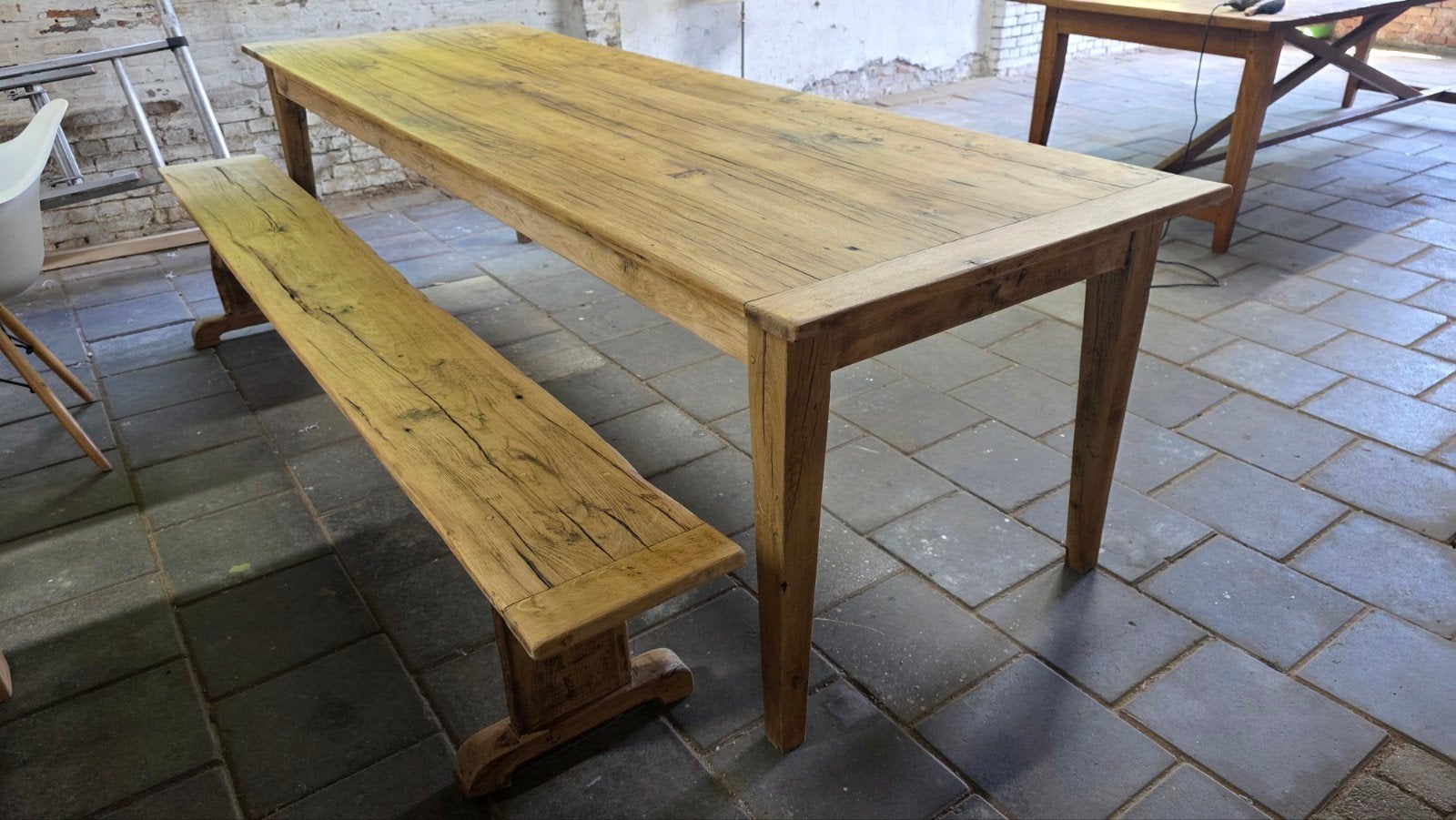 270 cm lange antieke Franse boerentafel inclusief bank, Verzenden