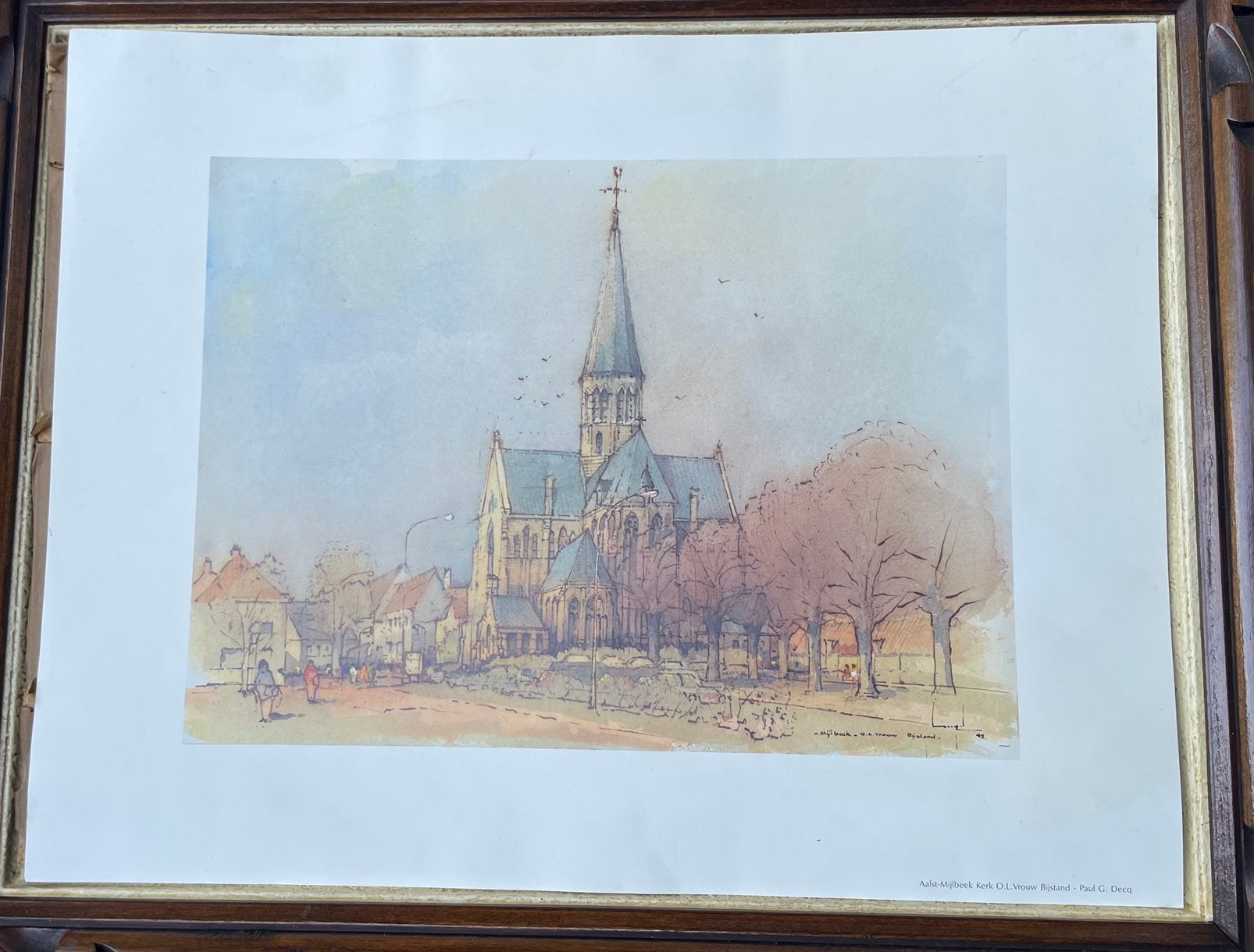 Reproduction encadrée aquarelle de l'Église Notre-Dame, Antiquités & Art, Enlèvement ou Envoi, Aquarelle