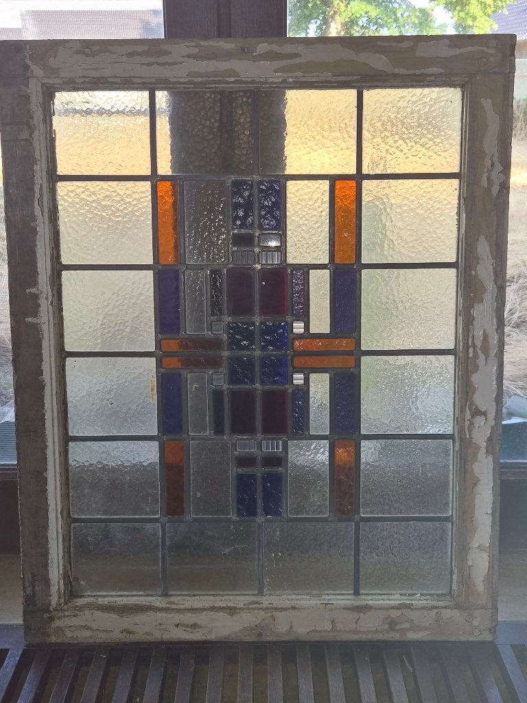 Art Deco Glas-in-loodraam 1930 Amsterdamse School Artikel 1, Antiek en Kunst, Meerkleurig, Handgemaakt, 71 cm, Ophalen