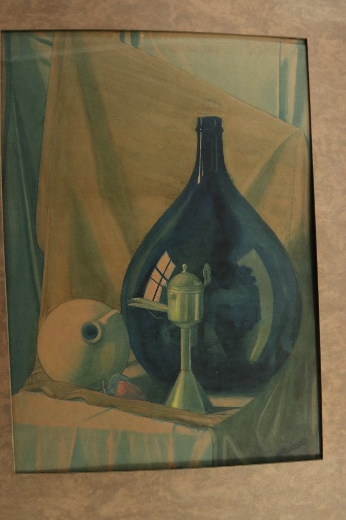 J.J. Boerendans – Stilleven groene fles, aquarel/gouache, Ophalen, Aquarel, Stilleven, Papier/karton