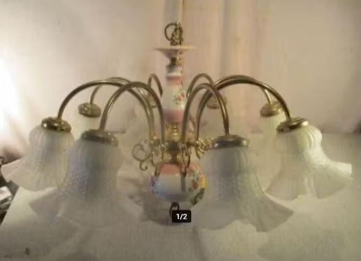 Prachtige Luchter in porselein en glas met 8 lichtpunten, Antiek en Kunst, Ophalen of Verzenden