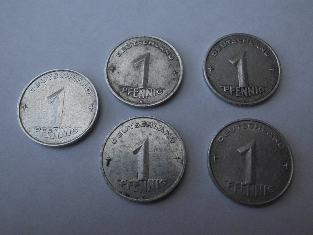 RDA : 5 x 1 pfennig 1948 - 1953, Envoi, Allemagne, Monnaie en vrac