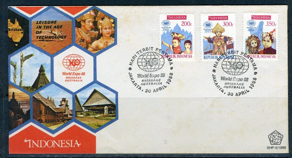 INDONESIE: ZB 1316/1318 FDC 1988 Expo Brisbane Australië, Postzegels en Munten, Verzenden, Gestempeld, Zuid-Azië