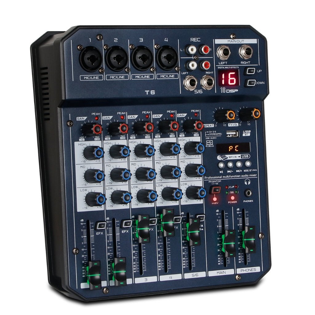 Audio Mixer 6-Kanaals - Draagbare Geluidskaart-Bluetooth MP3, Musique & Instruments, Microphones, Comme neuf, Micro pour instrument
