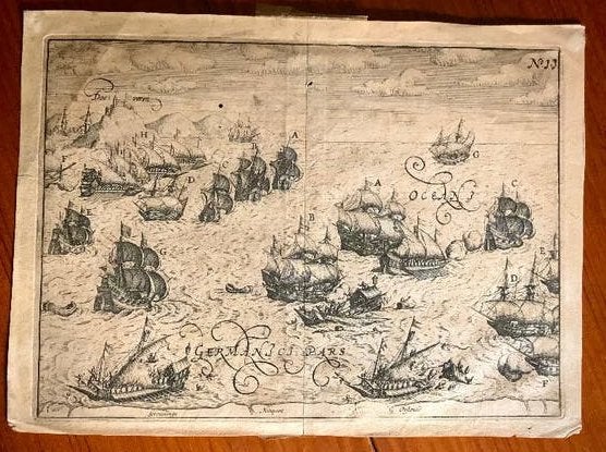 oude gravure vernietiging Spaanse Galeien 1613, Antiek en Kunst, Kunst | Etsen en Gravures, Ophalen of Verzenden, Gravure, Origineel