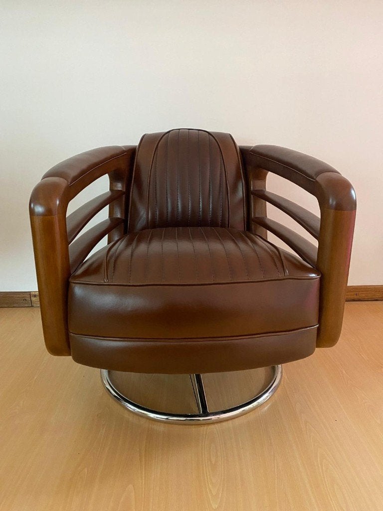 Prachtige lederen fauteil in Art Deco design met bijzettafel, Ophalen, Bruin, Nieuw, Eén