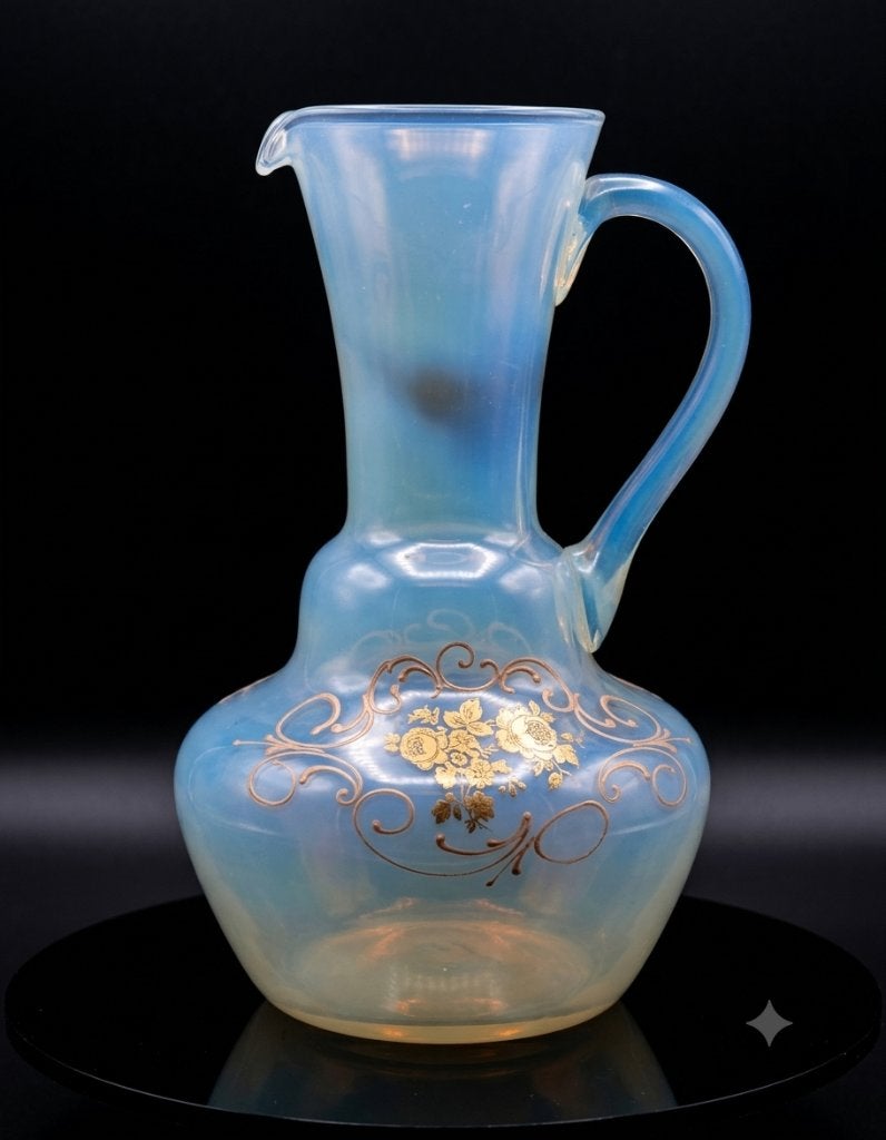 Pichet / Aiguière vintage en verre opalin bleu et doré, Antiquités & Art, Enlèvement