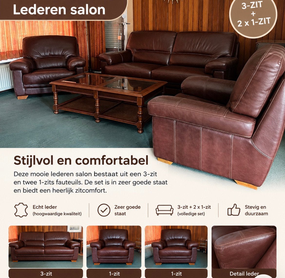 Beau salon en cuir - 3+1+1, Enlèvement, Utilisé, Cuir, Hedendaags - Klassiek