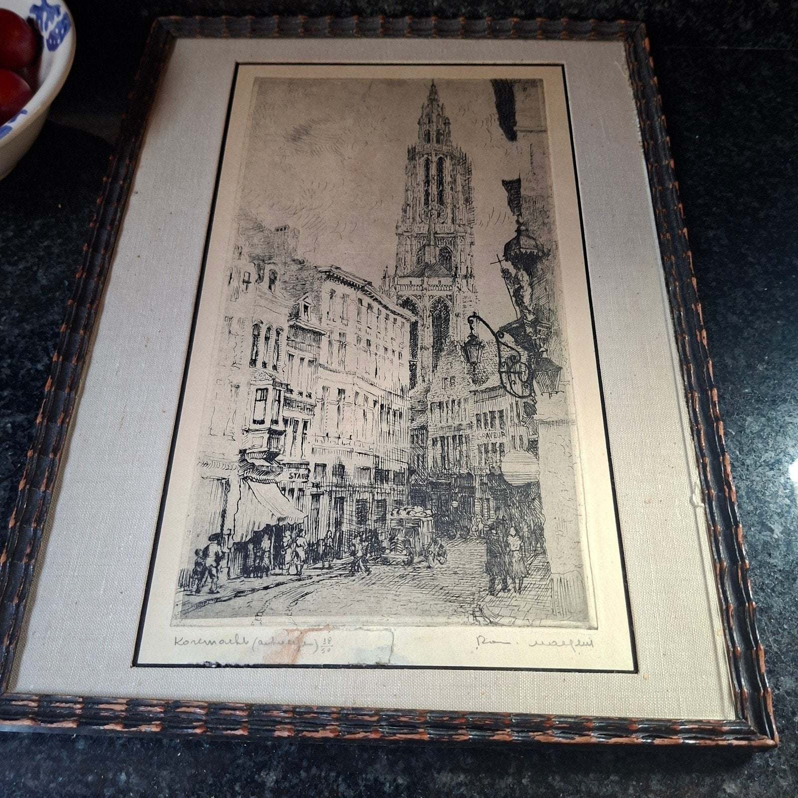 4 x Rom.Malfliet ets Korenmarkt Anvers 38/50, Antiek en Kunst, Ophalen of Verzenden, Ets, Achter glas