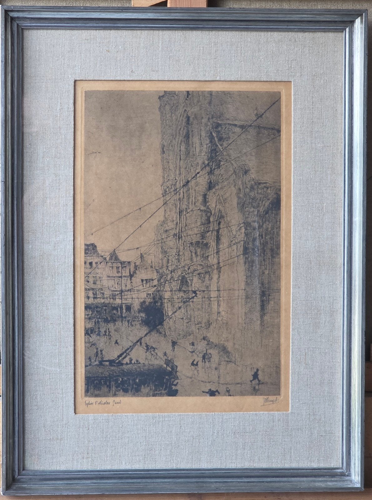 jules de bruycker, Ingelijst, Ets, Stadsgezicht, 23 cm