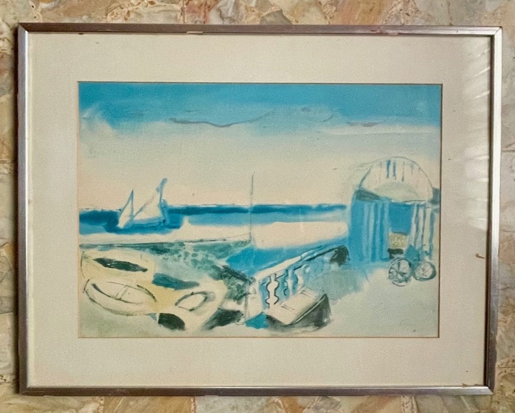 Vintage Enrico Paolucci – "Spiaggia" ingelijste kunstprent, Antiek en Kunst, Met glas, Ophalen of Verzenden, Offsetdruk