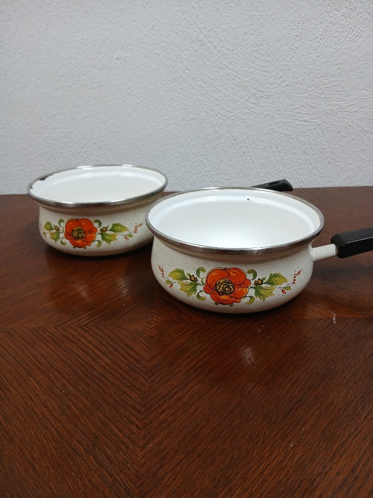 Vintage Sanko Ware Emaille Pannenset Jaren 70 Retro (Japan), Ophalen of Verzenden, Huis en Inrichting