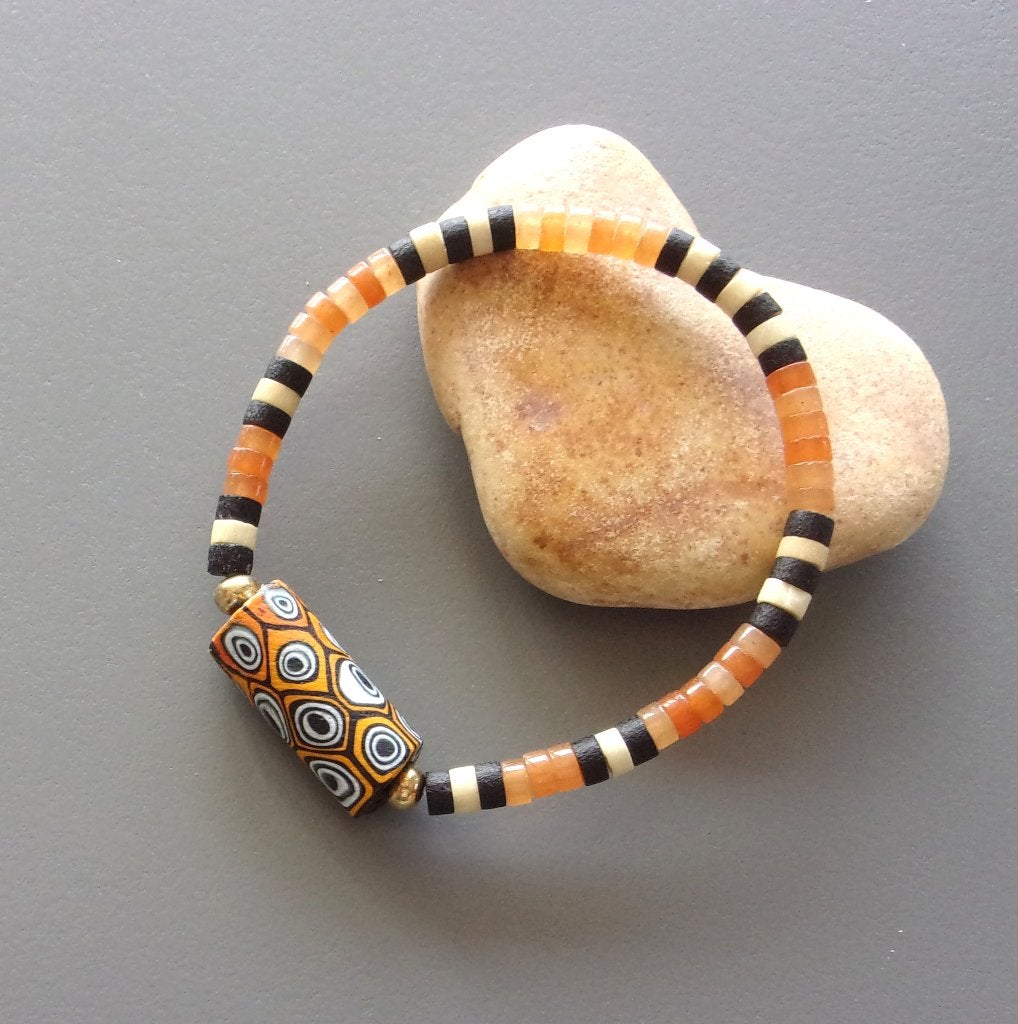 Armband in aventurijn en oude Murano millefiori voor dames, Met bedels of kralen, Nieuw, Oranje, Ophalen of Verzenden