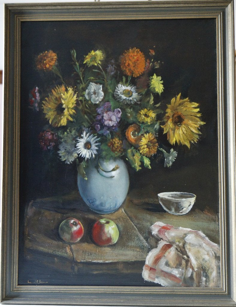 Hans Klein: Vaas met bloemen (olieverf op doek), Peinture à l'huile, Enlèvement, Peint à la main, Fleurs