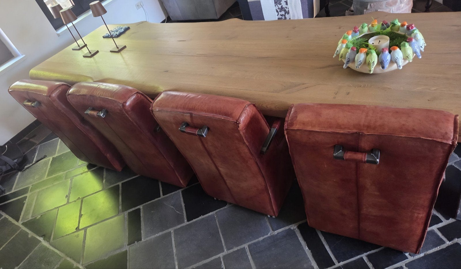 4 eetkamer stoelen leer cognac vintage look met wielen, Ophalen, Gebruikt, 75 – 100