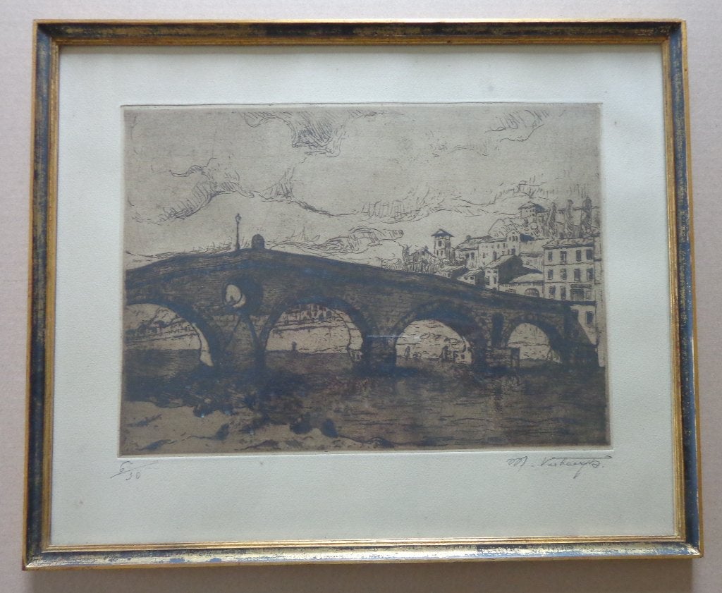 MEDARD VERBURGH / IL PONTE VERONA / ZW-W ETS / 38x46cm KADER, Ophalen of Verzenden, Stadsgezicht, Ets, Genummerd