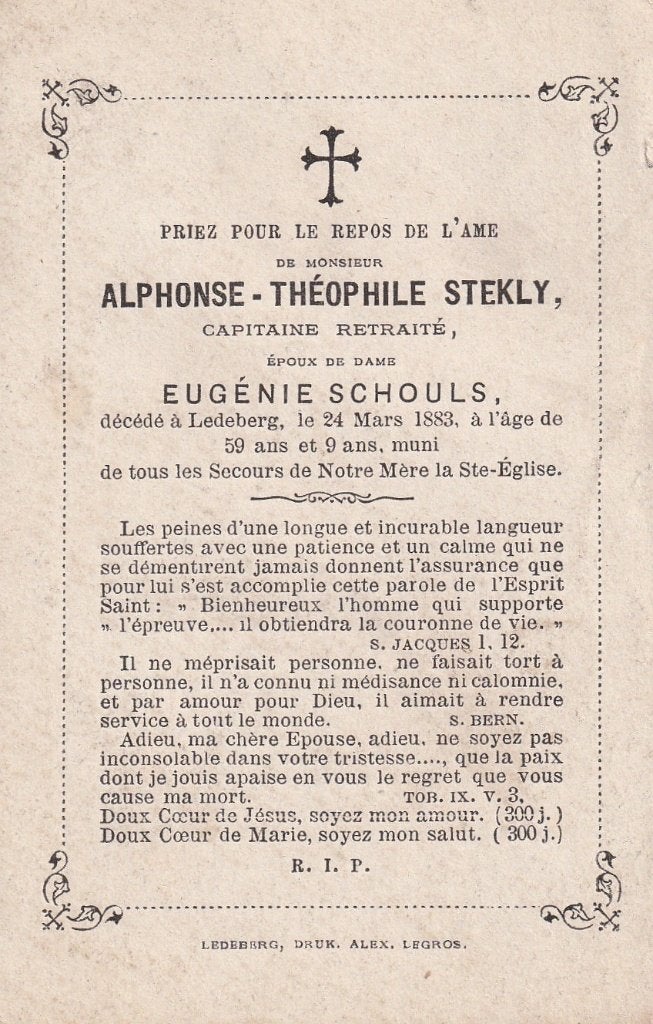 + 24 / B P STEKLY A .LEDEBERG 1883  59 ANS, Ophalen of Verzenden, Bidprentje