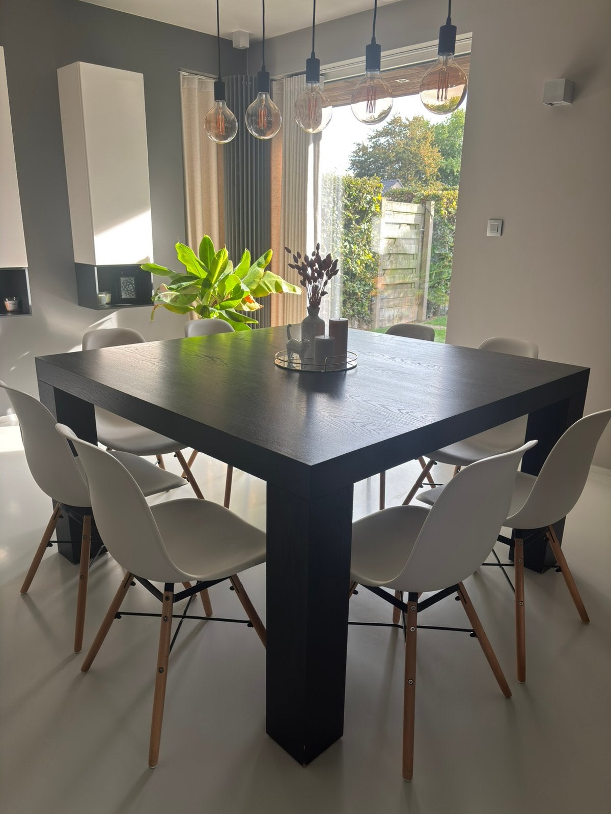 Vierkante zwarte houten tafel 140x140, Ophalen, Gebruikt, Vierkant, Vijf personen of meer