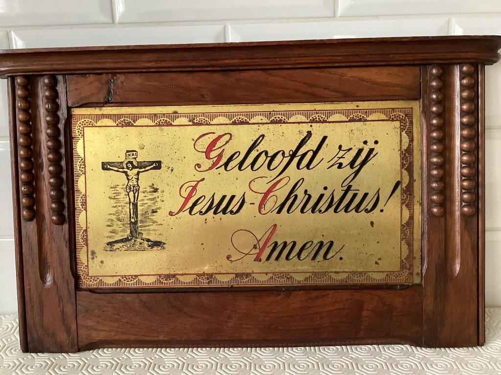 Ancienne devise religieuse encadrée sur plaque de cuivre, Enlèvement ou Envoi
