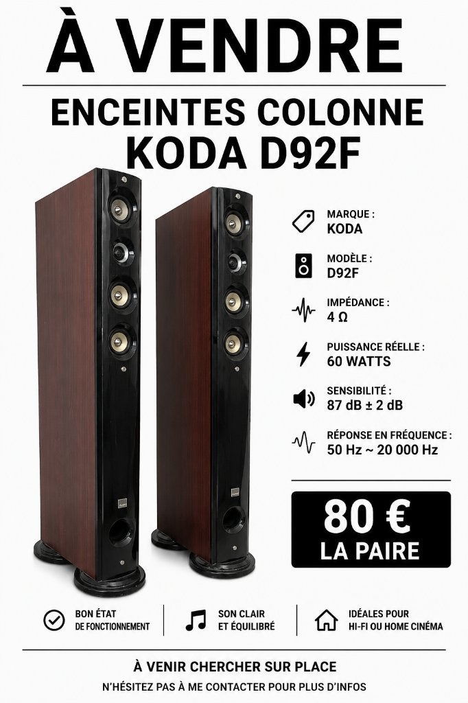 Paire d'enceintes KODA D92F, Autres marques, 60 à 120 watts, Enlèvement, Utilisé
