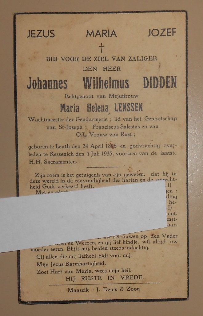 Carte de prière Gendarme Johannes Wilhelmus Didden 39 ans, Enlèvement ou Envoi, Image pieuse