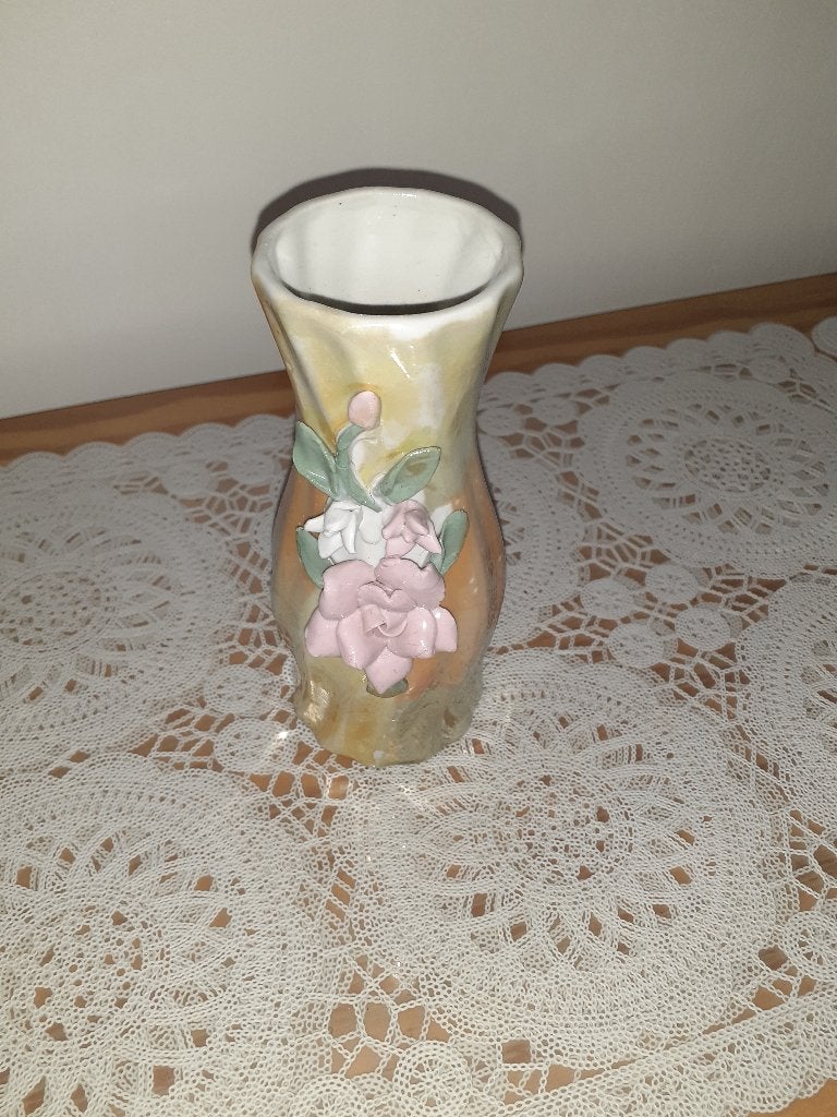 Vase orange givré avec fleur en relief, 15 cm, Enlèvement, Utilisé, Pierre/céramique