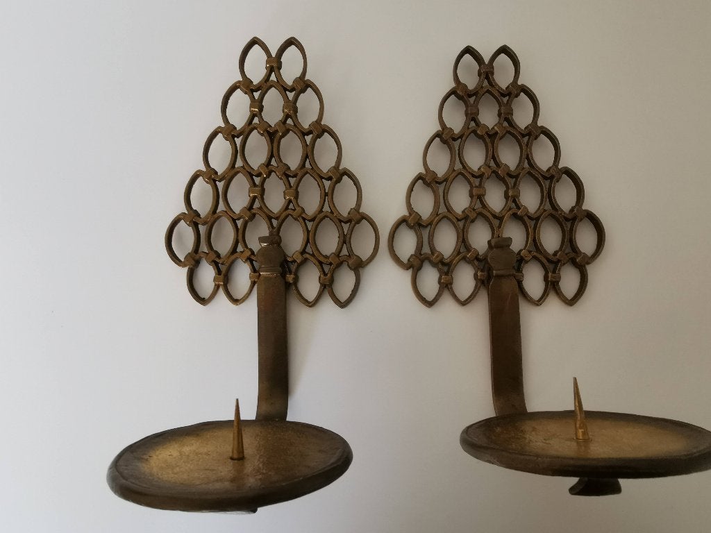 Paar vintage koperen wandkandelaars, Verzenden