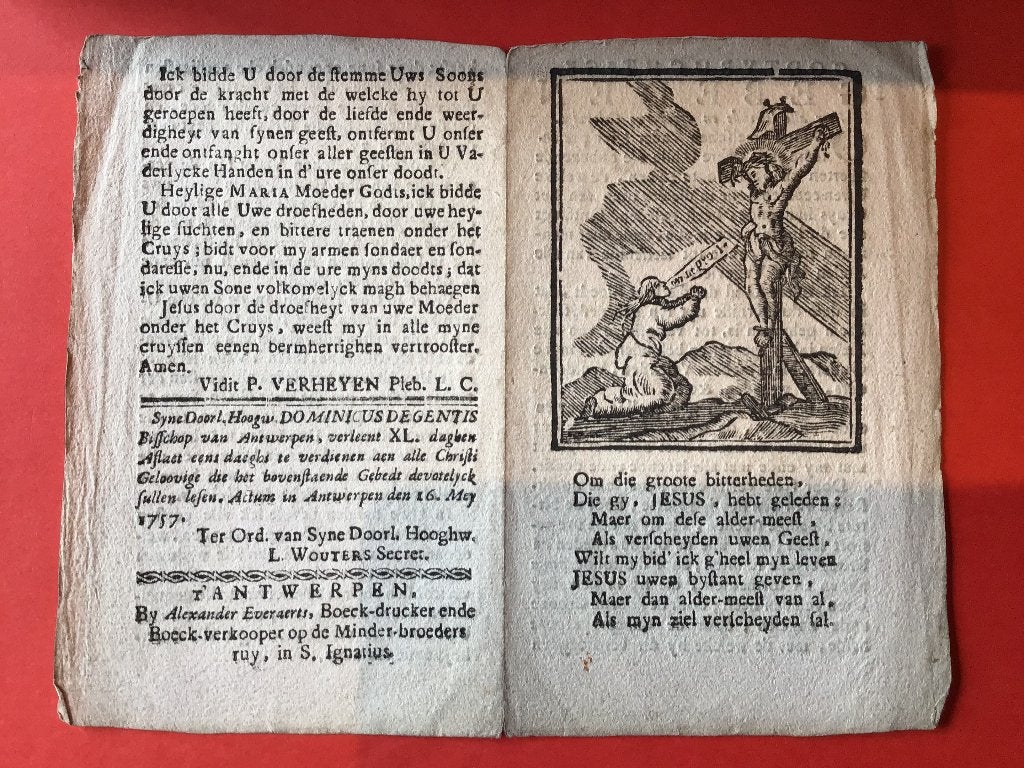 anno 1757 Gravure JEZUS aan KRUIS Antwerpen Alex. Everaerts, Verzamelen, Ophalen of Verzenden, Gebruikt, Kaart of Prent, Christendom | Katholiek
