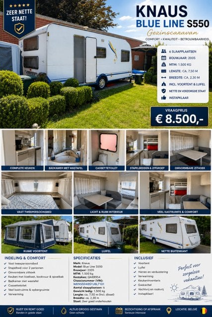 Knaus BLUE LINE S550, Caravans en Kamperen, Caravans, Hefbed, Kachel, Particulier, 6 tot 7 meter