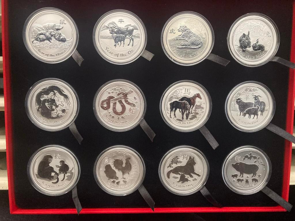 Complete 1 oz zilver Lunar II 2008-2019 serie in verzamelbox, Ophalen, Zilver