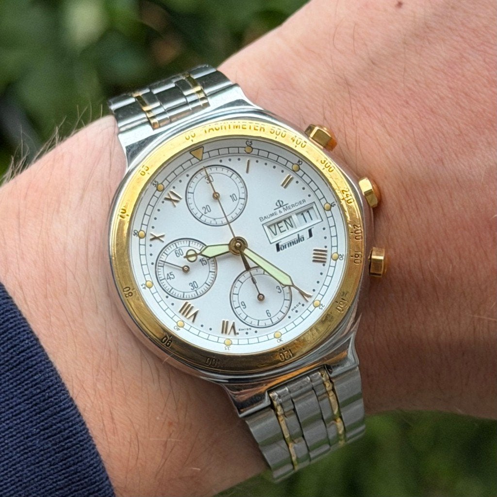 Chronographe Baume & Mercier Formula S — Acier/Or, Montre-bracelet, Enlèvement ou Envoi, Or, 1960 ou plus tard