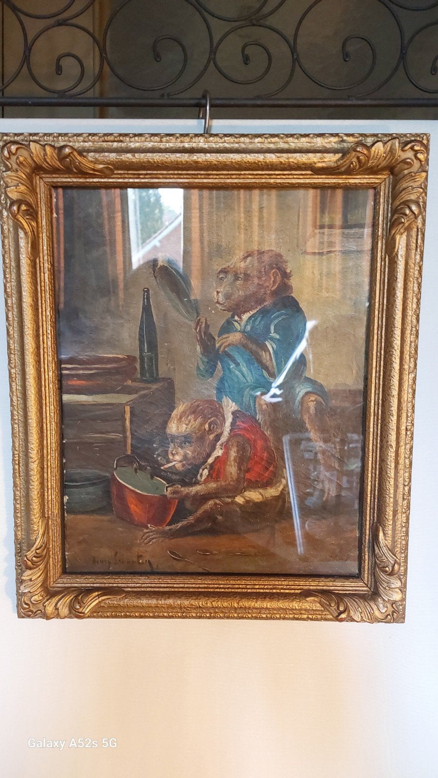 Henry Schouten,twee apen in de keuken., Antiek en Kunst, Doek, Ophalen of Verzenden, Gesigneerd, Olieverf