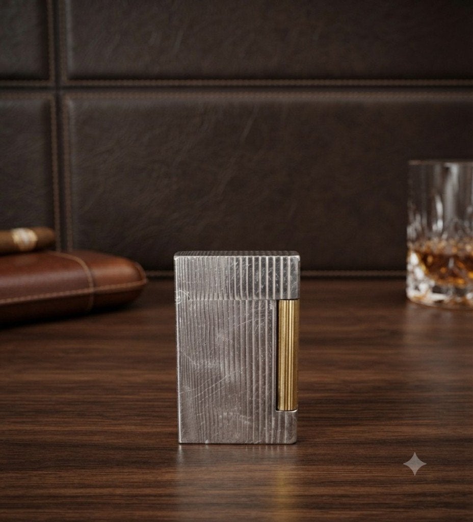 S.T. Dupont D Line gestreepte zilver-gouden gasaansteker, Verzenden, Gebruikt, Aansteker