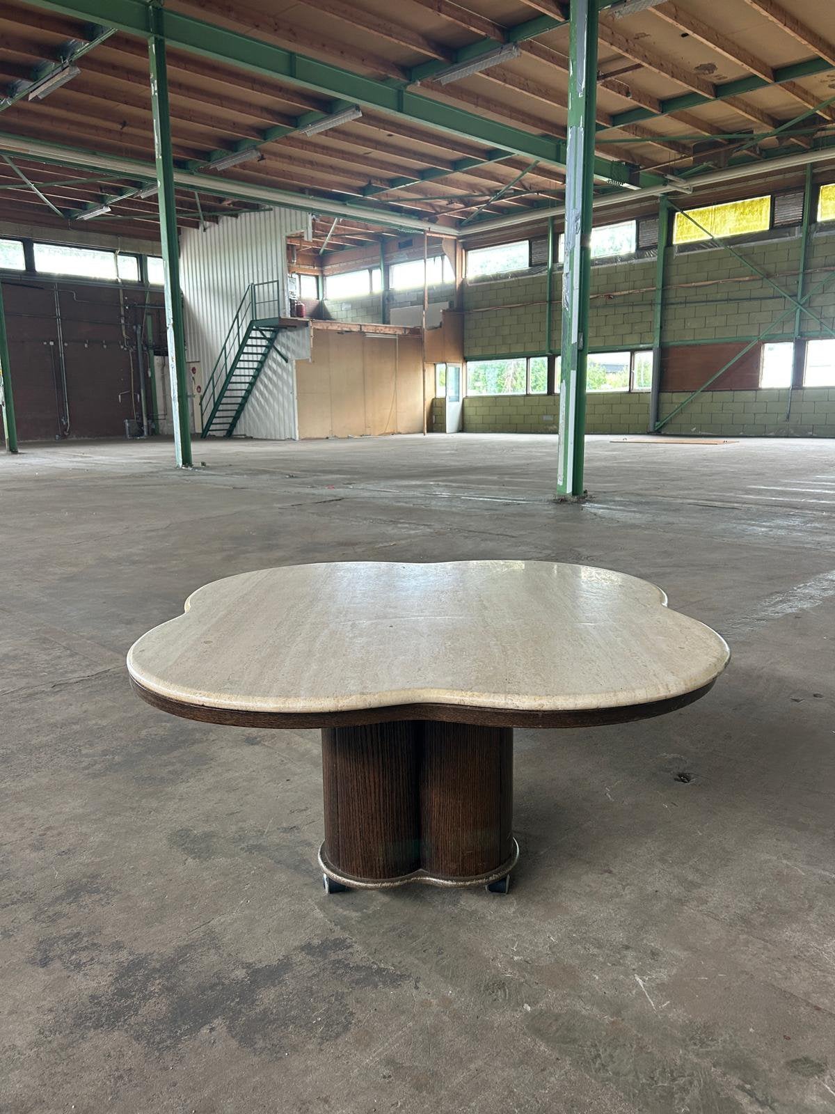Vintage travertin klaver tafel met hout, Ophalen