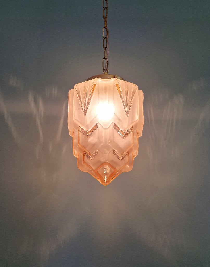 Skyscraper Art Deco hanglamp in roze matglas, 1920-30, Ophalen of Verzenden