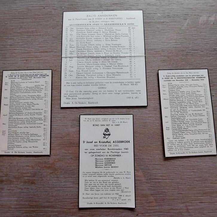 4 bidprentjes Assebroek: overledenen 1940-1941-1942-1943 .., Verzamelen, Ophalen of Verzenden
