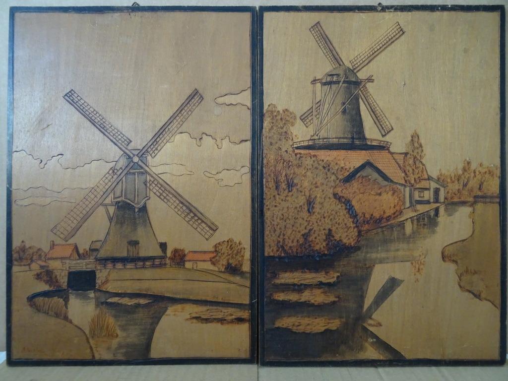 Gebrandschilderd houten paneel Hollandse molen 22x32cm 2x, Antiek en Kunst, Ophalen of Verzenden
