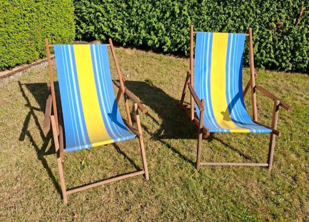 Vintage 2 strandstoelen- gestreept - Inklapbaar - hout, Ophalen, Zo goed als nieuw, Campingstoel