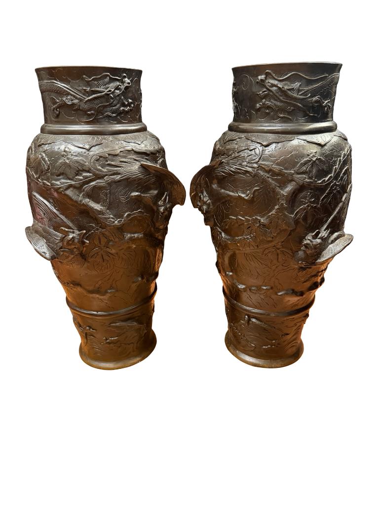 Paar bronzen vazen Japan Meiji phoenix draken 60 cm, Antiek en Kunst, Antiek | Brons en Koper, Ophalen, Brons