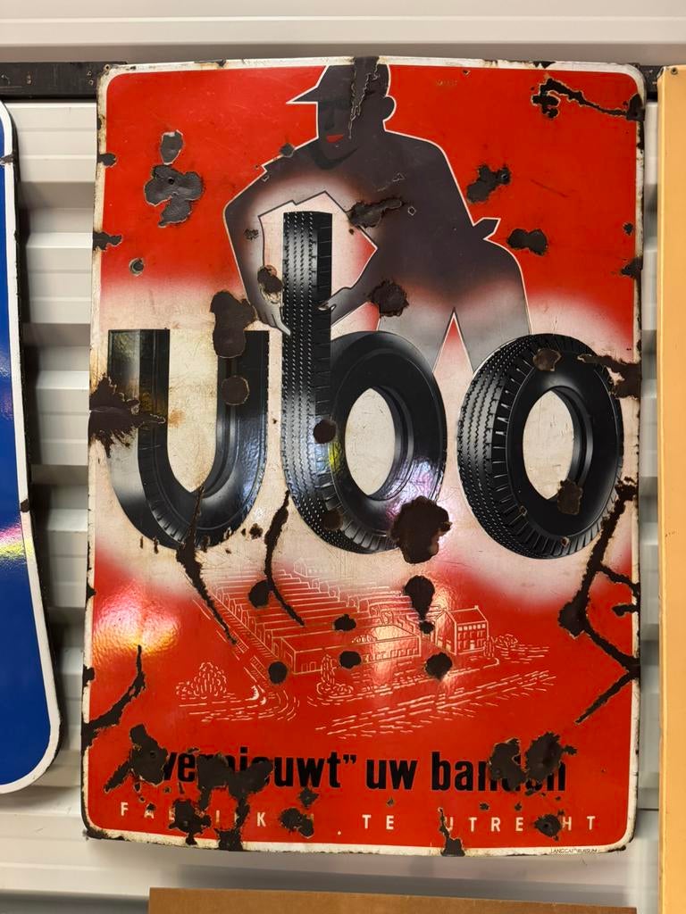 ubo banden groot oud emaille reclamebord, Verzamelen, Ophalen, Gebruikt, Reclamebord