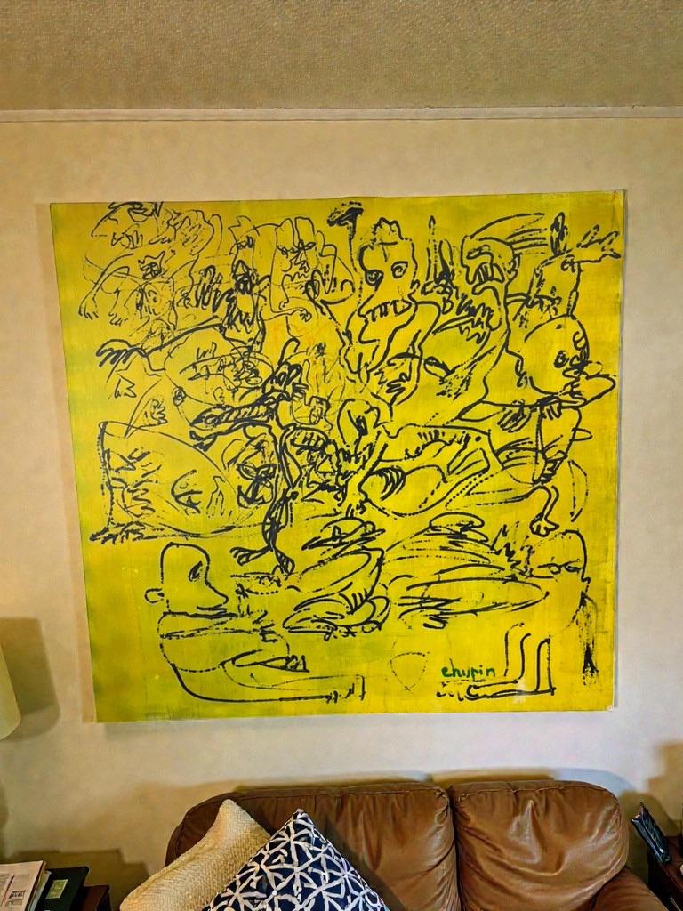 vintage geel schilderij gesigneerd Chupin, Antiek en Kunst, Kunst | Schilderijen | Klassiek, Ophalen of Verzenden