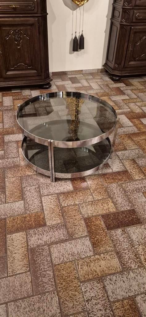 Table basse ronde vintage des années 70 en métal chromé, Maison & Meubles, Tables | Tables de salon, Enlèvement, Comme neuf, Verre