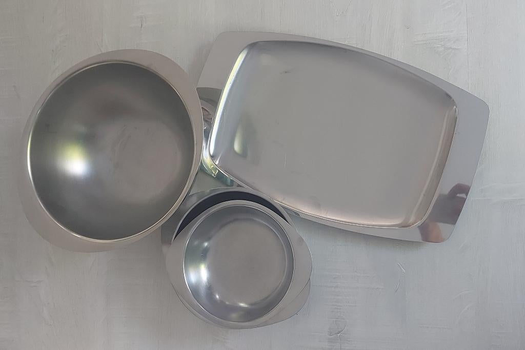 Lot assorti : 1 plateau, 2 plats, 1 soupière en Inox, Enlèvement, Utilisé, Autres matériaux, Autres styles