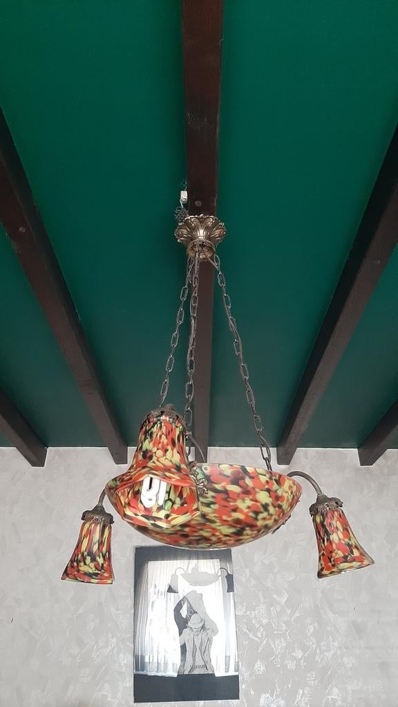 Lustre vintage intacte pâte de verre et bronze - de +/- 1920, Enlèvement
